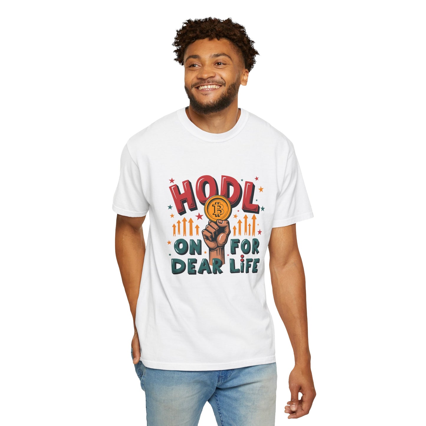 Crypto Enthusiast Unisex Garment-Dyed T-Shirt | 'HODL On For Dear Life' Design