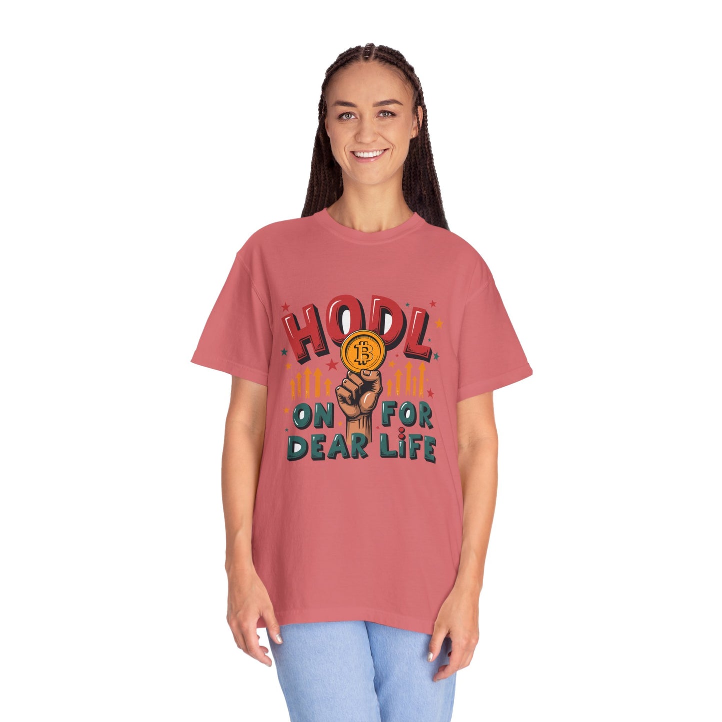 Crypto Enthusiast Unisex Garment-Dyed T-Shirt | 'HODL On For Dear Life' Design