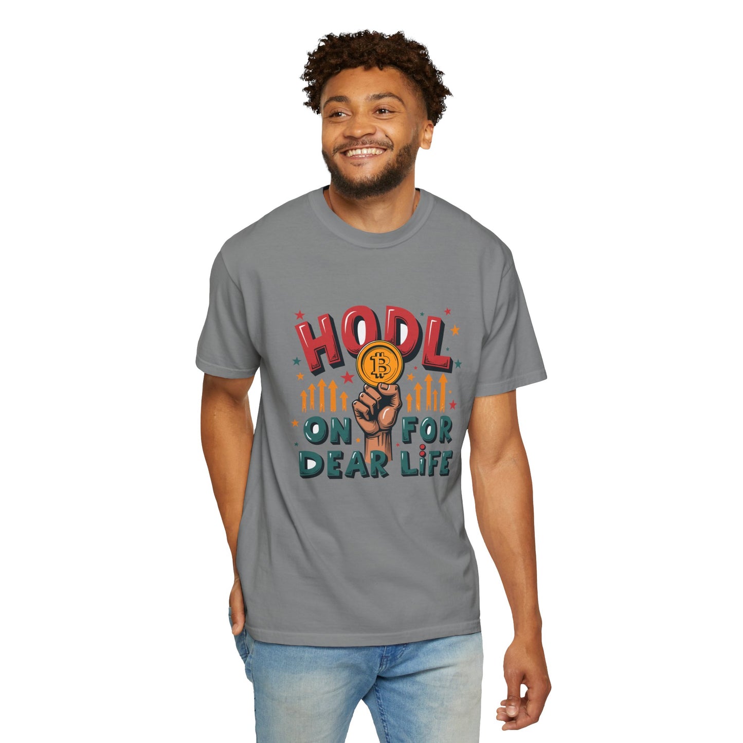 Crypto Enthusiast Unisex Garment-Dyed T-Shirt | 'HODL On For Dear Life' Design