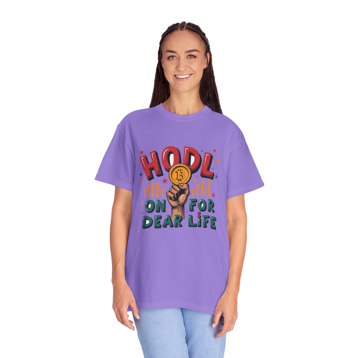 Crypto Enthusiast Unisex Garment-Dyed T-Shirt | 'HODL On For Dear Life' Design