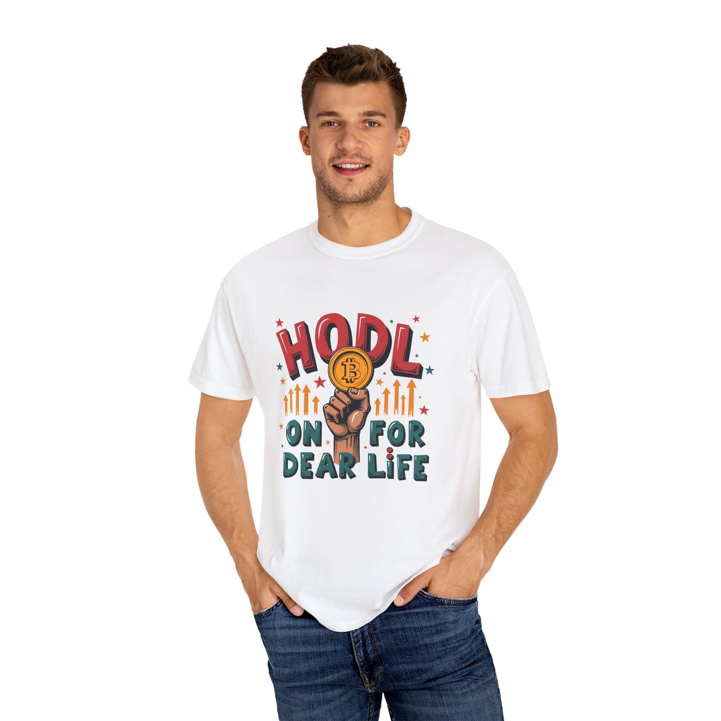 Crypto Enthusiast Unisex Garment-Dyed T-Shirt | 'HODL On For Dear Life' Design