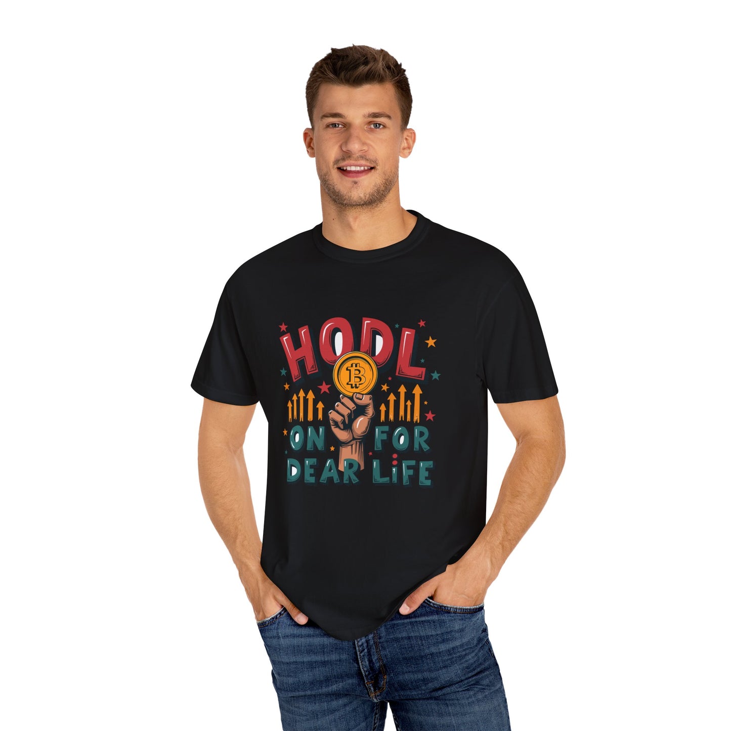 Crypto Enthusiast Unisex Garment-Dyed T-Shirt | 'HODL On For Dear Life' Design