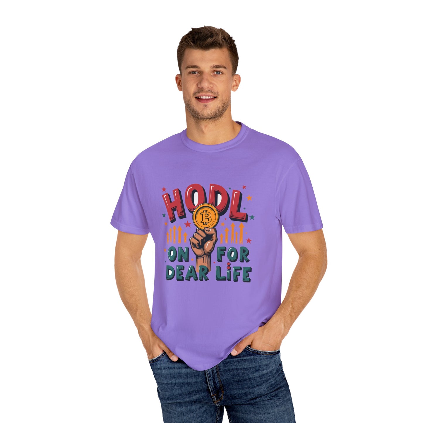 Crypto Enthusiast Unisex Garment-Dyed T-Shirt | 'HODL On For Dear Life' Design