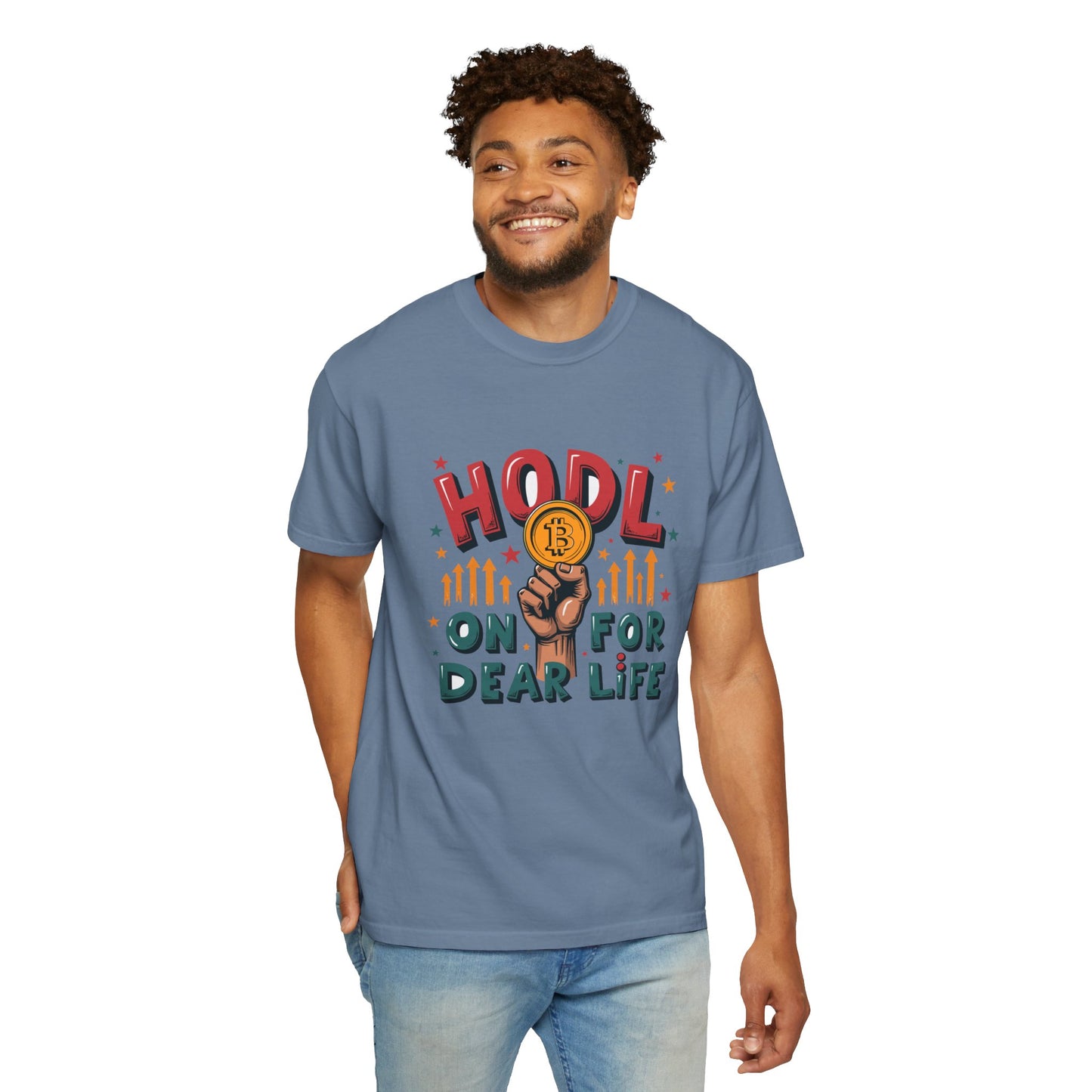 Crypto Enthusiast Unisex Garment-Dyed T-Shirt | 'HODL On For Dear Life' Design