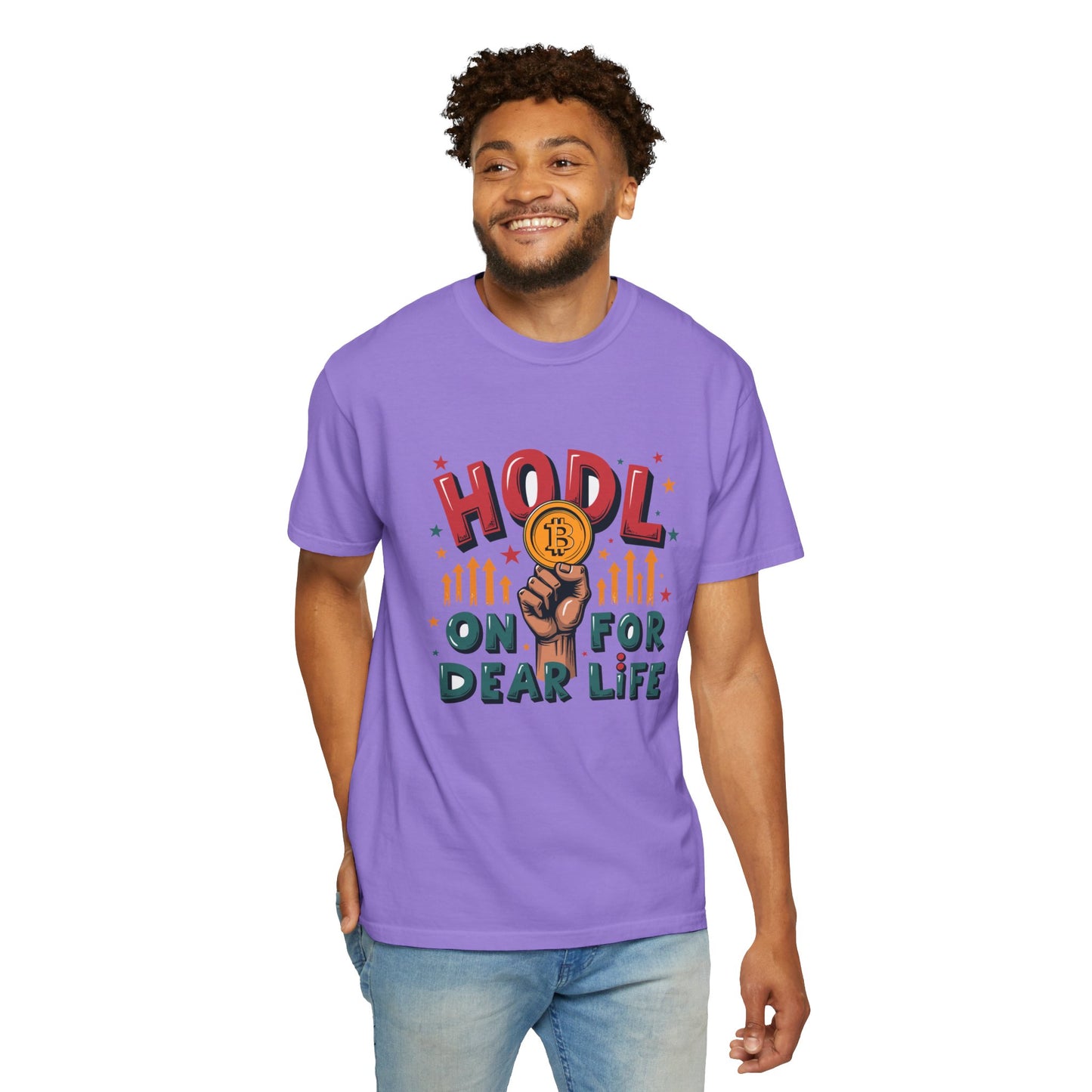 Crypto Enthusiast Unisex Garment-Dyed T-Shirt | 'HODL On For Dear Life' Design