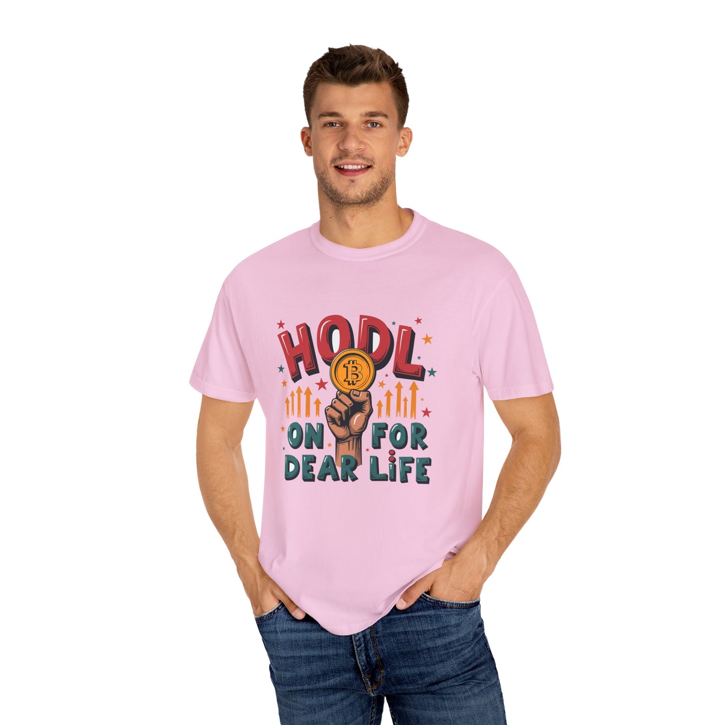 Crypto Enthusiast Unisex Garment-Dyed T-Shirt | 'HODL On For Dear Life' Design