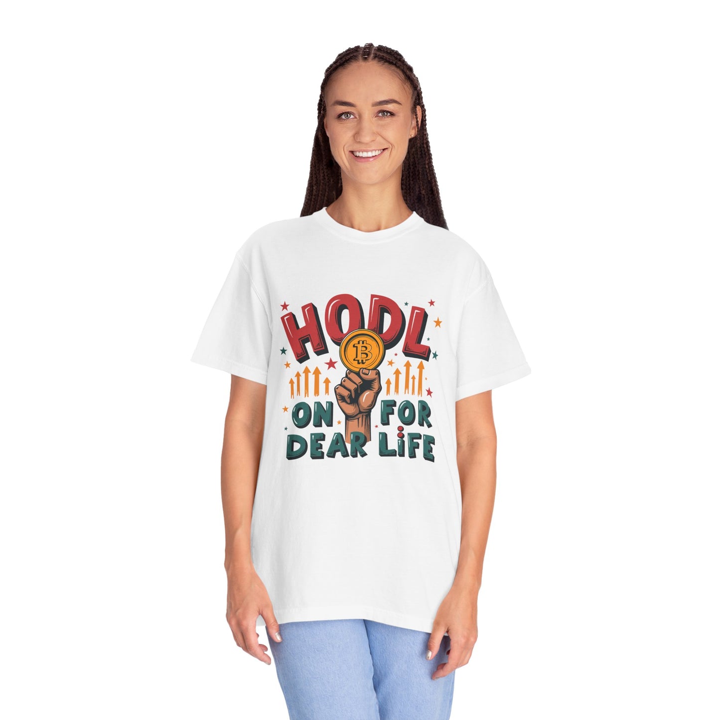 Crypto Enthusiast Unisex Garment-Dyed T-Shirt | 'HODL On For Dear Life' Design