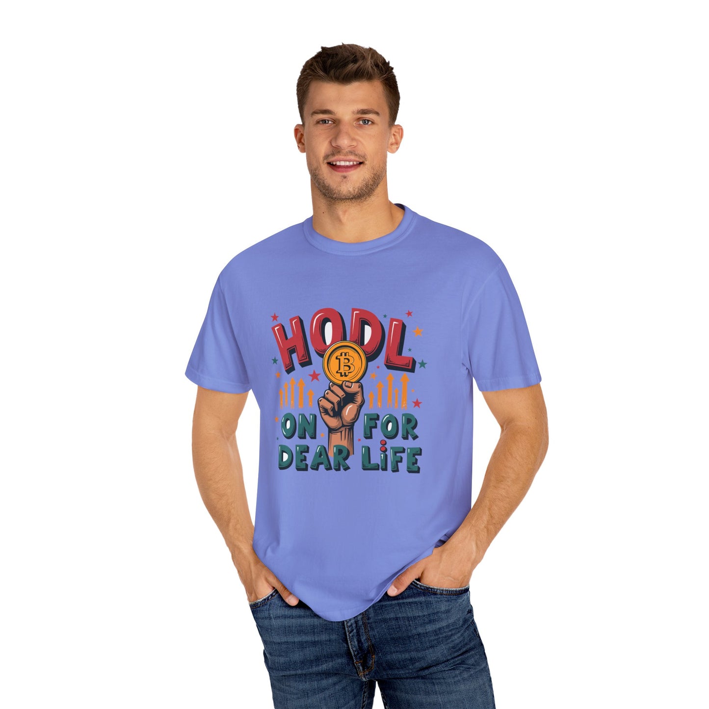 Crypto Enthusiast Unisex Garment-Dyed T-Shirt | 'HODL On For Dear Life' Design