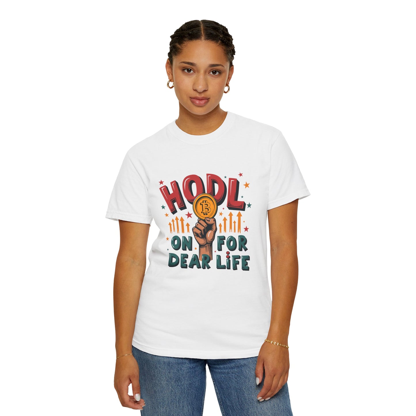 Crypto Enthusiast Unisex Garment-Dyed T-Shirt | 'HODL On For Dear Life' Design