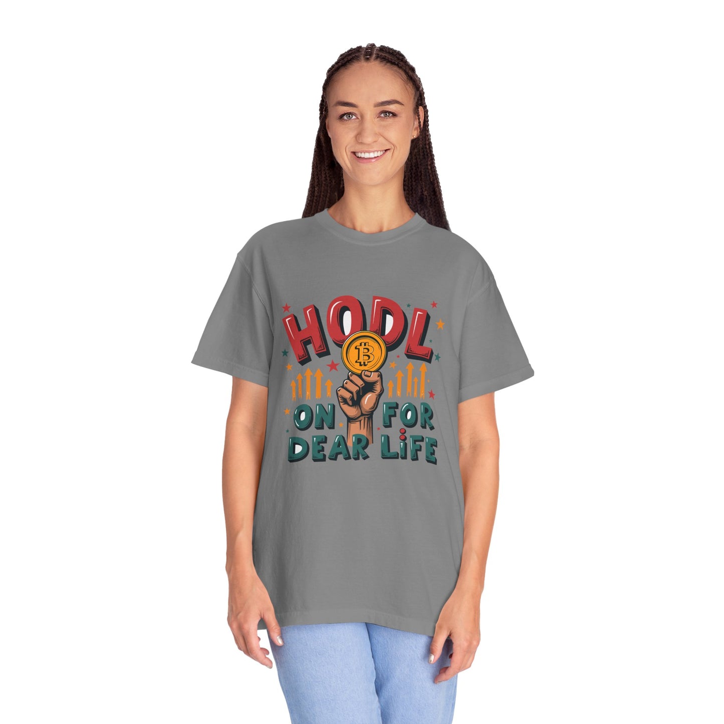 Crypto Enthusiast Unisex Garment-Dyed T-Shirt | 'HODL On For Dear Life' Design