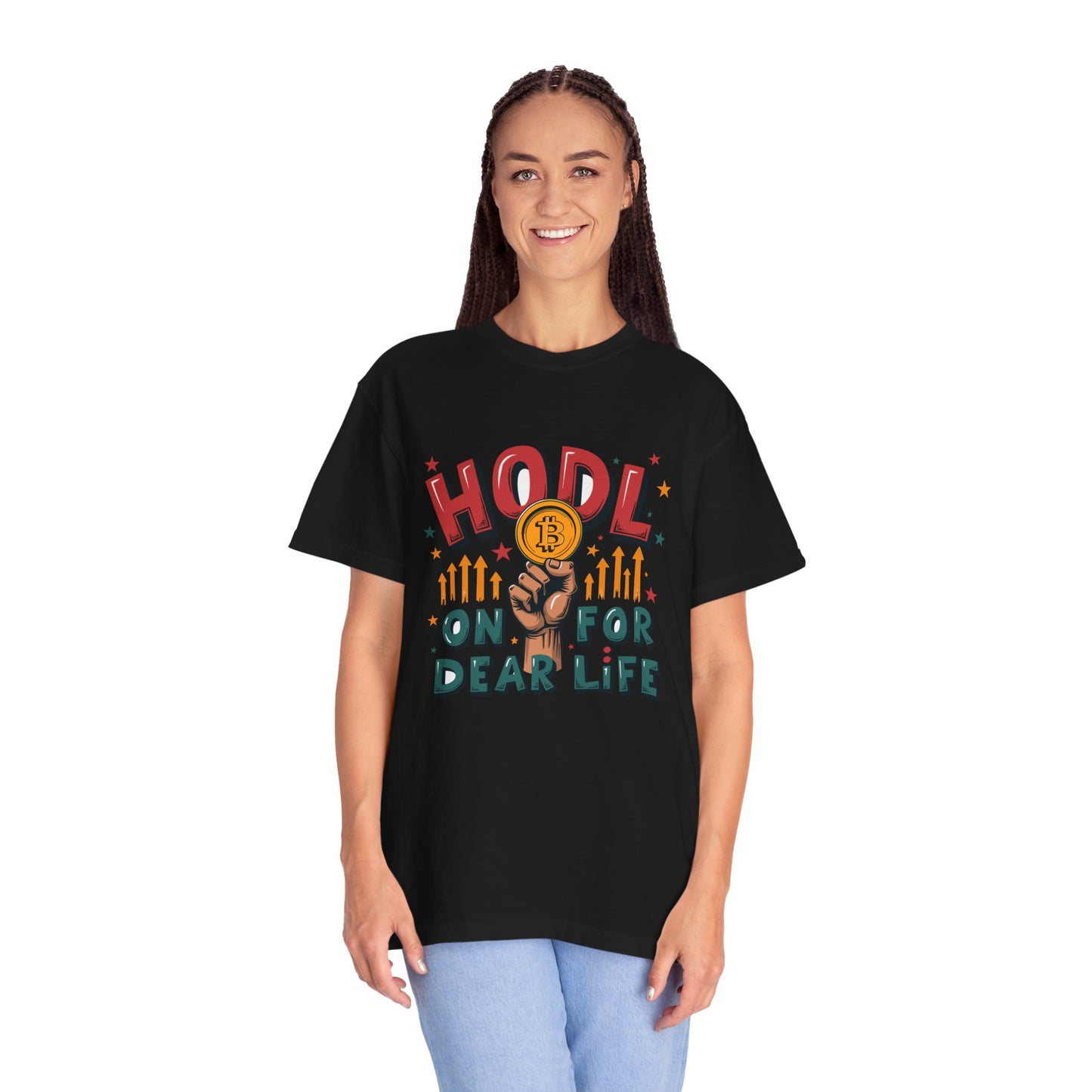 Crypto Enthusiast Unisex Garment-Dyed T-Shirt | 'HODL On For Dear Life' Design