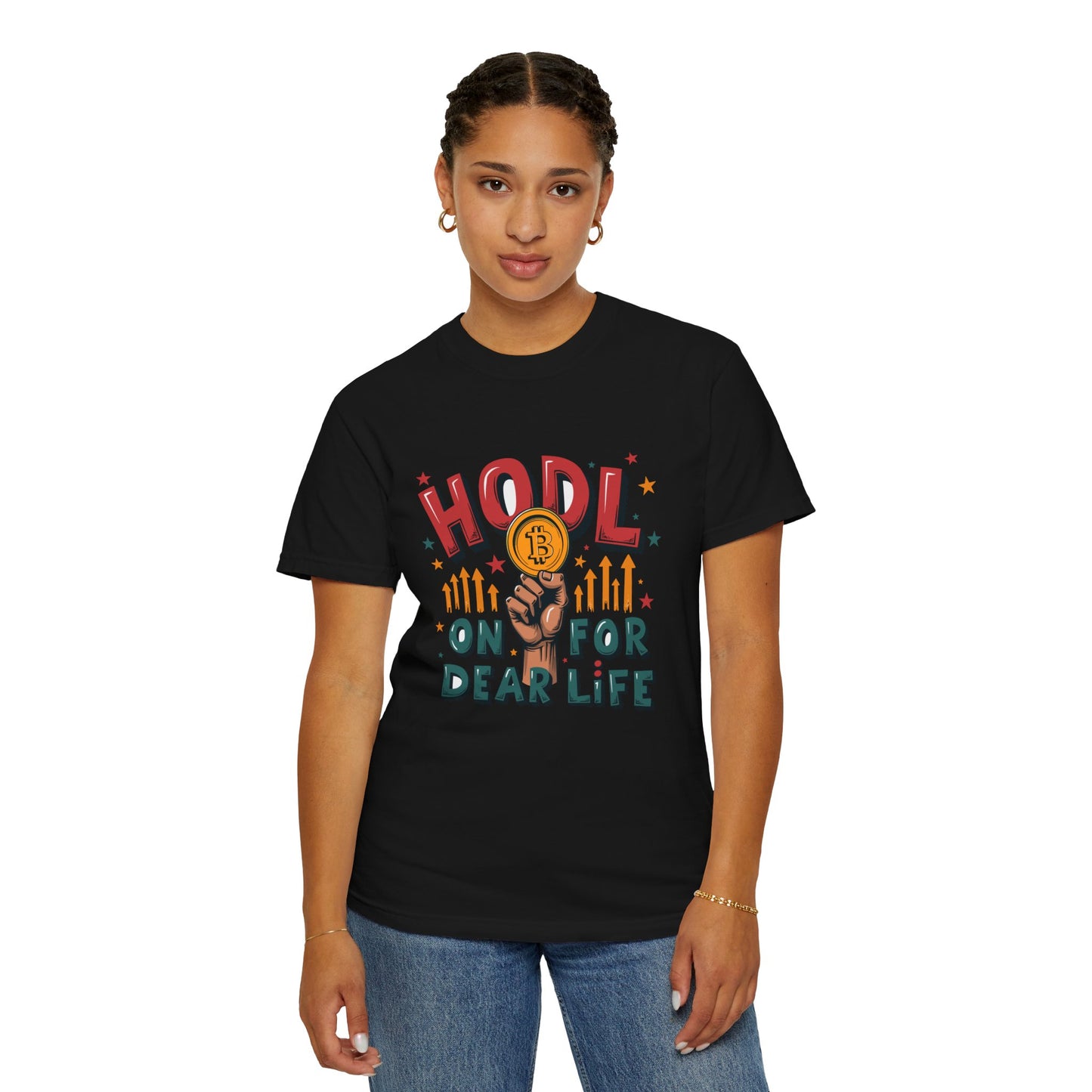 Crypto Enthusiast Unisex Garment-Dyed T-Shirt | 'HODL On For Dear Life' Design