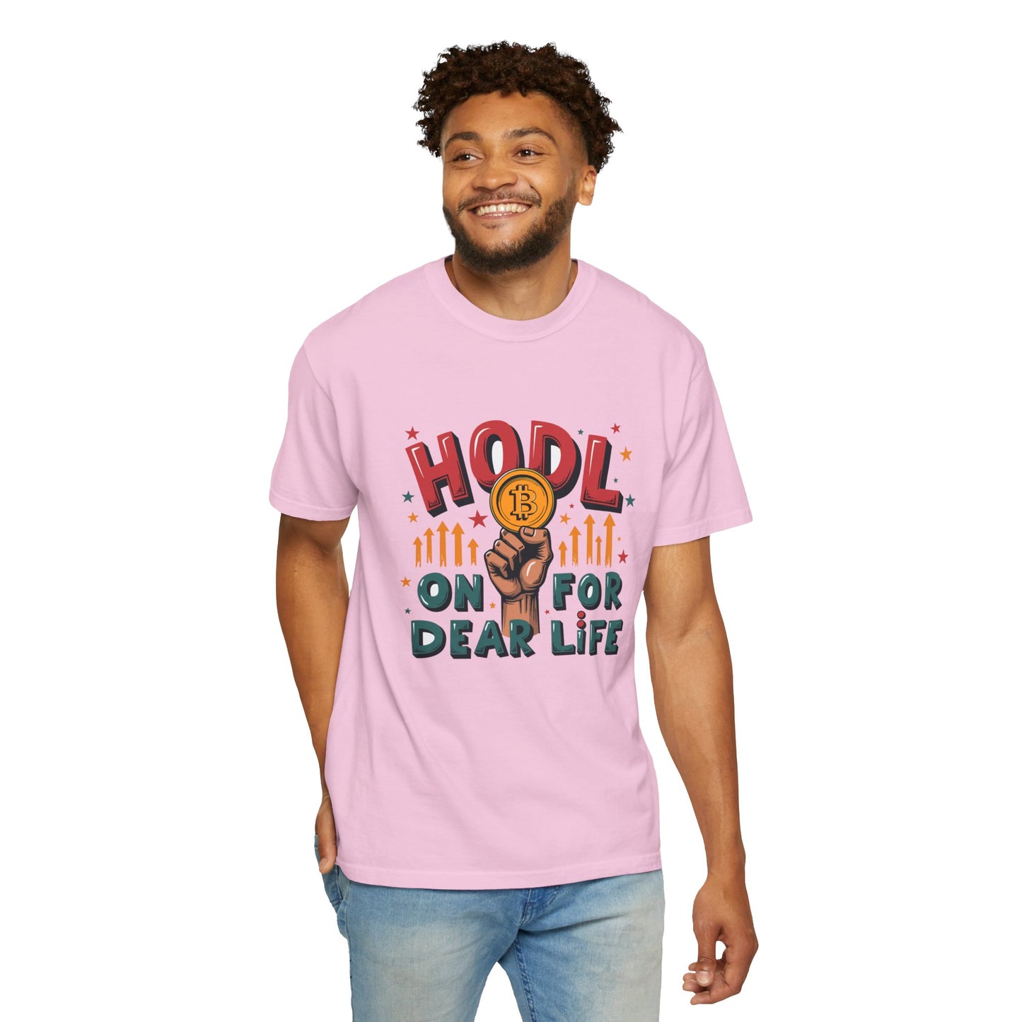 Crypto Enthusiast Unisex Garment-Dyed T-Shirt | 'HODL On For Dear Life' Design