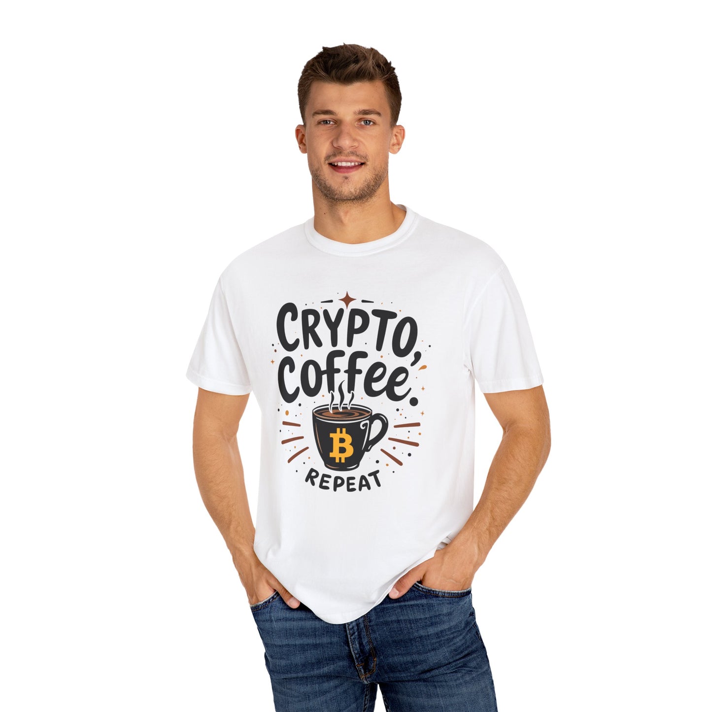 Bitcoin Crypto Coffee Unisex Tee, Cryptocurrency Tshirt, Bitcoin Lover Gift, Coffee Theme Shirt, Bitcoin Merch, Casual Top, Gift for Him,