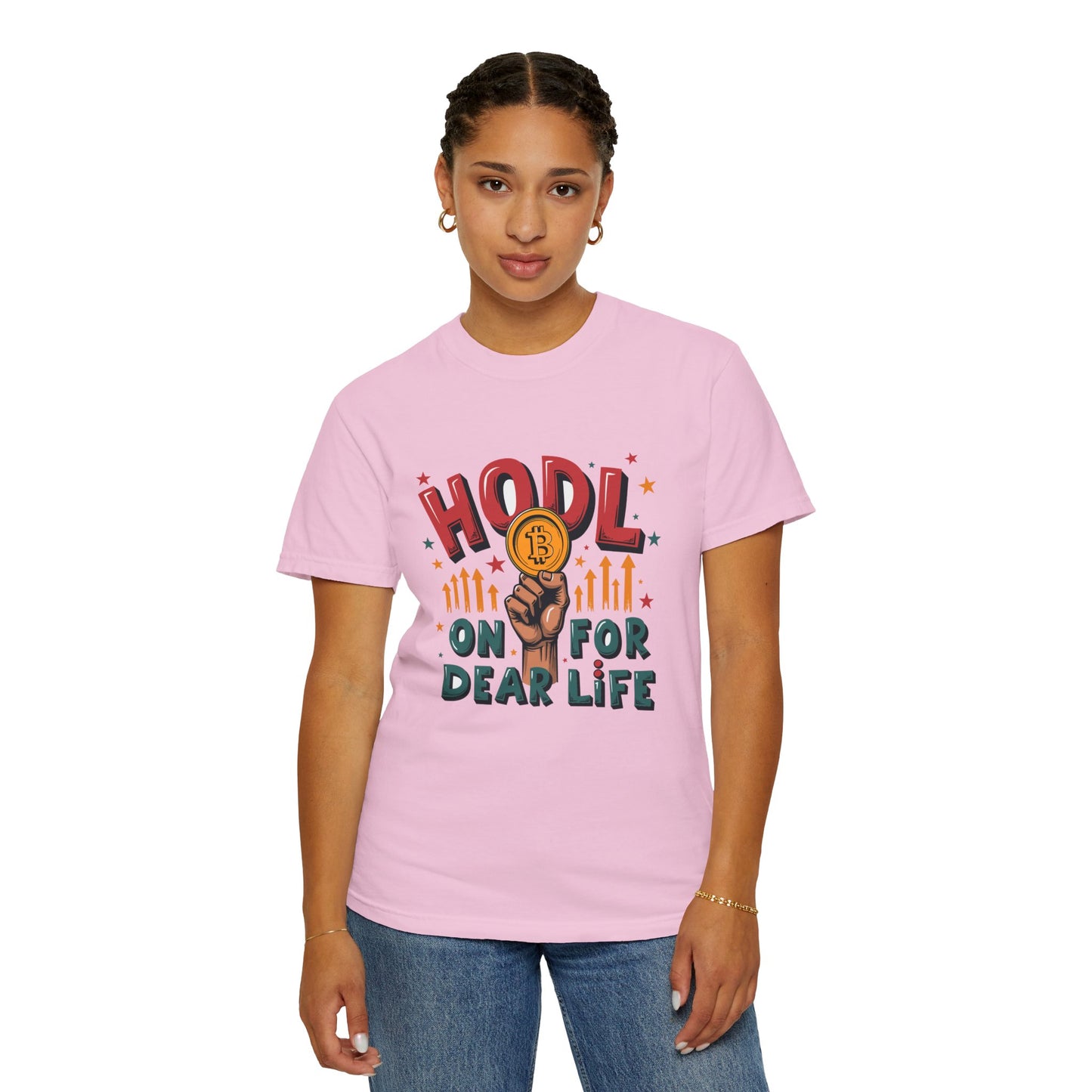 Crypto Enthusiast Unisex Garment-Dyed T-Shirt | 'HODL On For Dear Life' Design