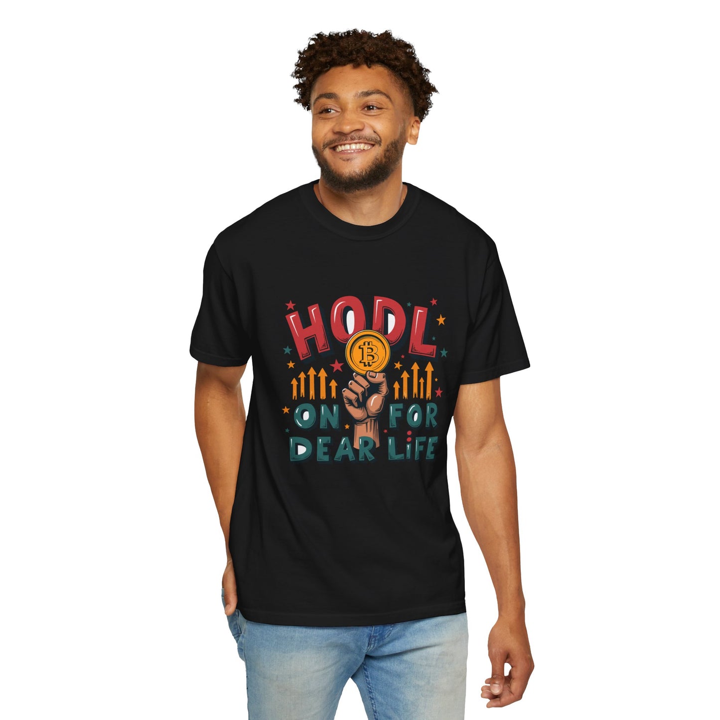 Crypto Enthusiast Unisex Garment-Dyed T-Shirt | 'HODL On For Dear Life' Design